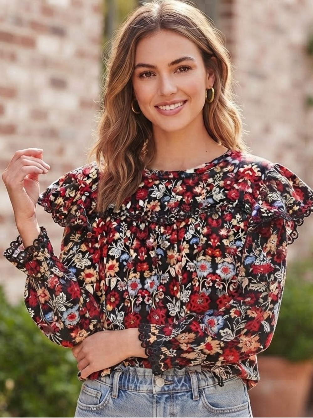 LOFT Black Floral Ruffle Eyelet Long Sleeve Blouse